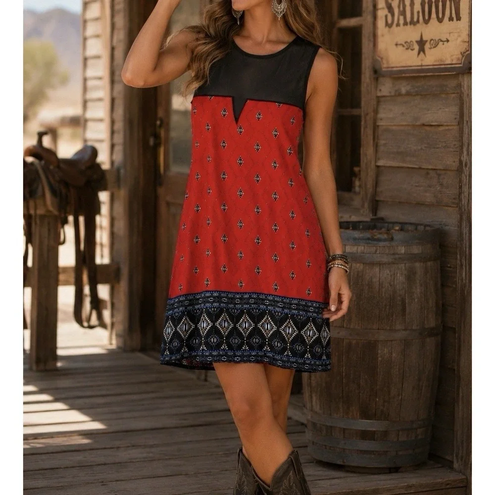 Scully Red Southwestern Print Sleeveless Sheath Dress Mesh Yoke Size Large